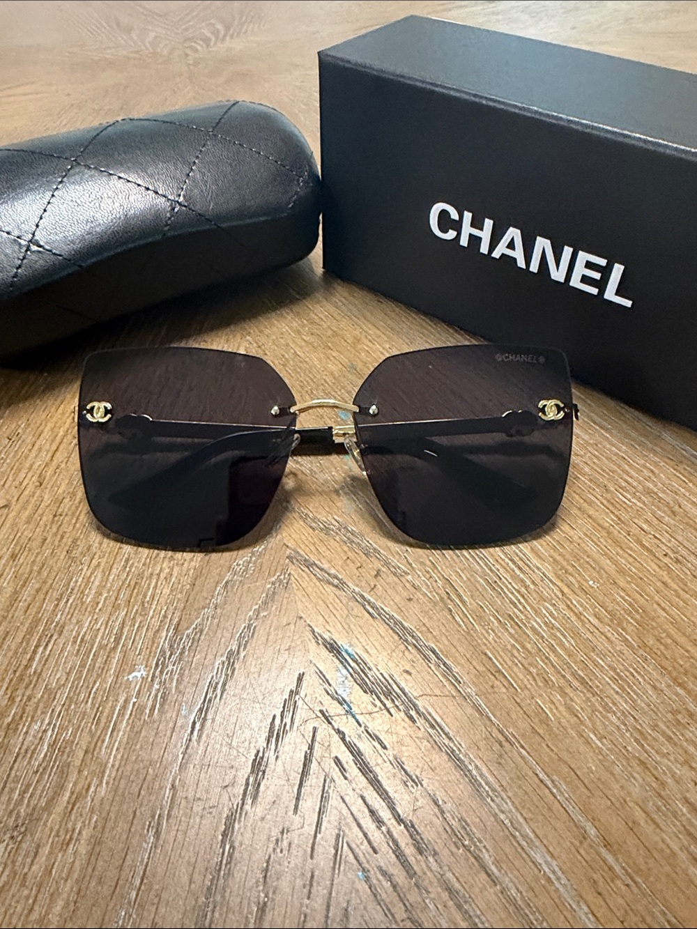 CHANEL Black Rimless Square Sunglasses with Gold CC Accents - Picture 3 of 10